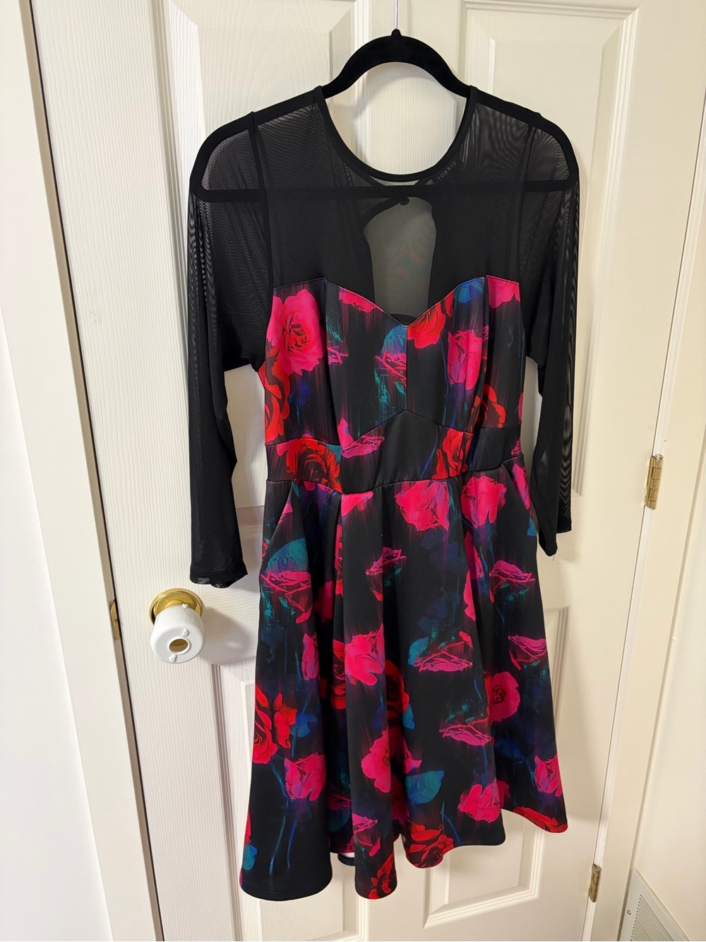 torrid Black Floral Mesh-Sleeve Fit & Flare Dress